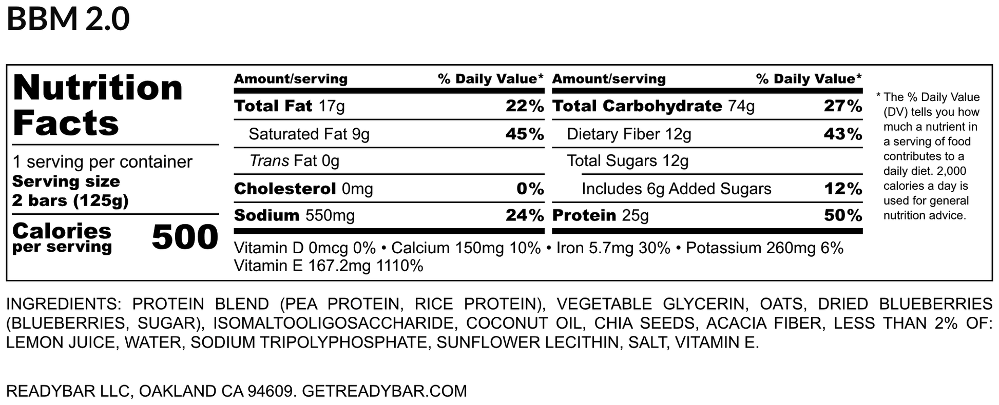 Nutrition facts label for READYBAR Blueberry Muffin meal bar with serving size, calories, and nutritional content.