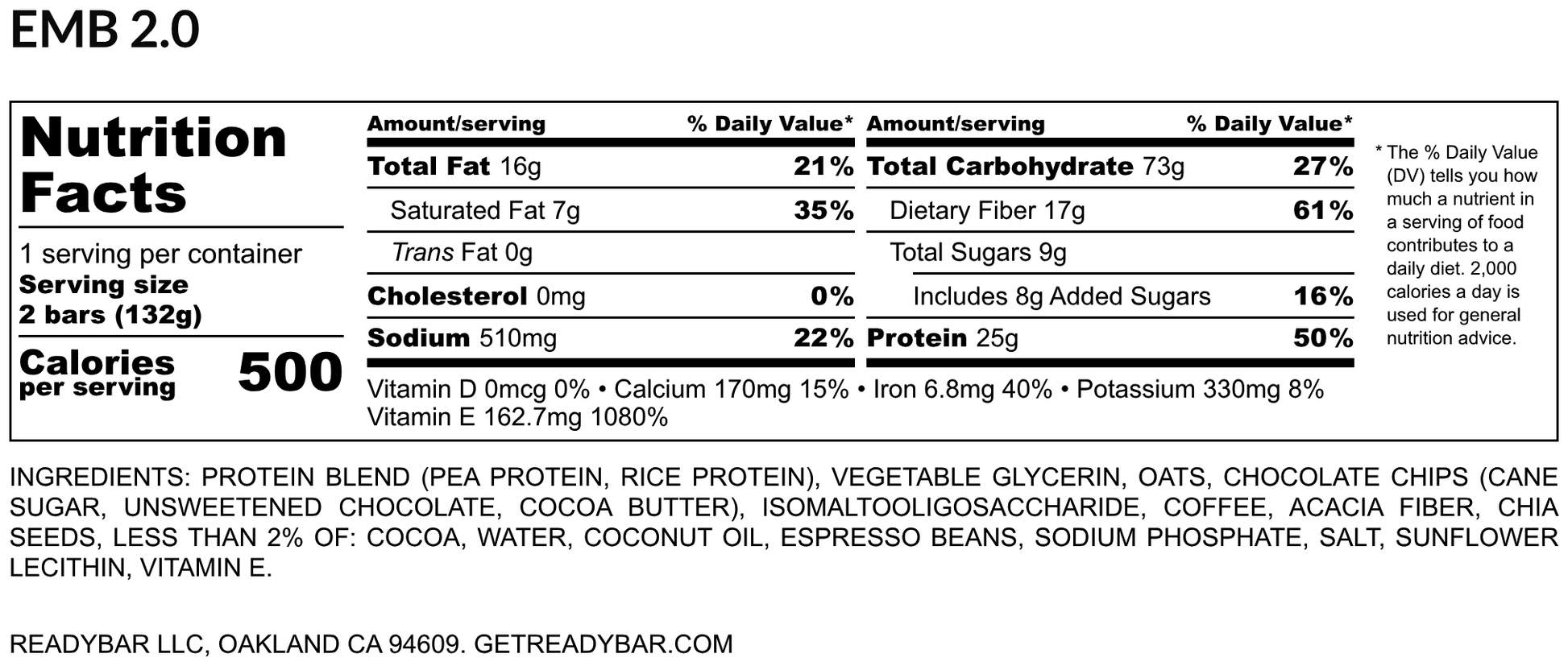Nutrition facts label for READYBAR Espresso Mocha meal bar with detailed information on ingredients and nutritional values.
