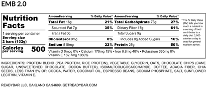 Nutrition facts label for READYBAR Espresso Mocha meal bar with detailed information on ingredients and nutritional values.