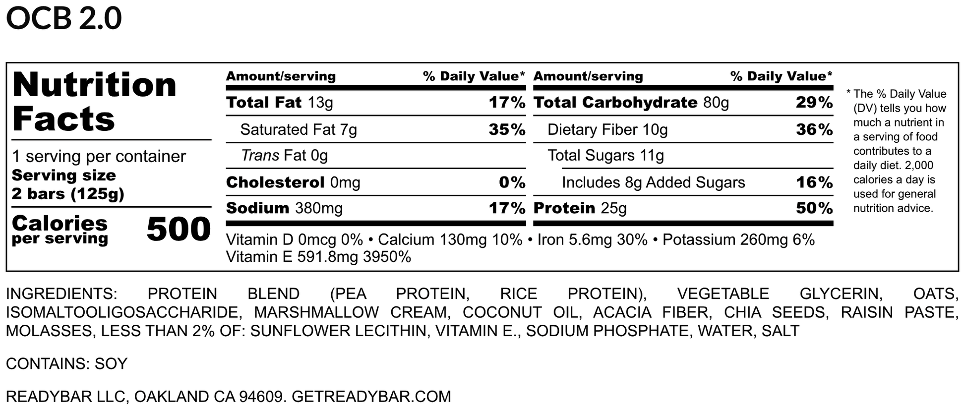 Nutrition facts label for READYBAR Oatmeal Creme meal bar with serving size, calories, and ingredient list.